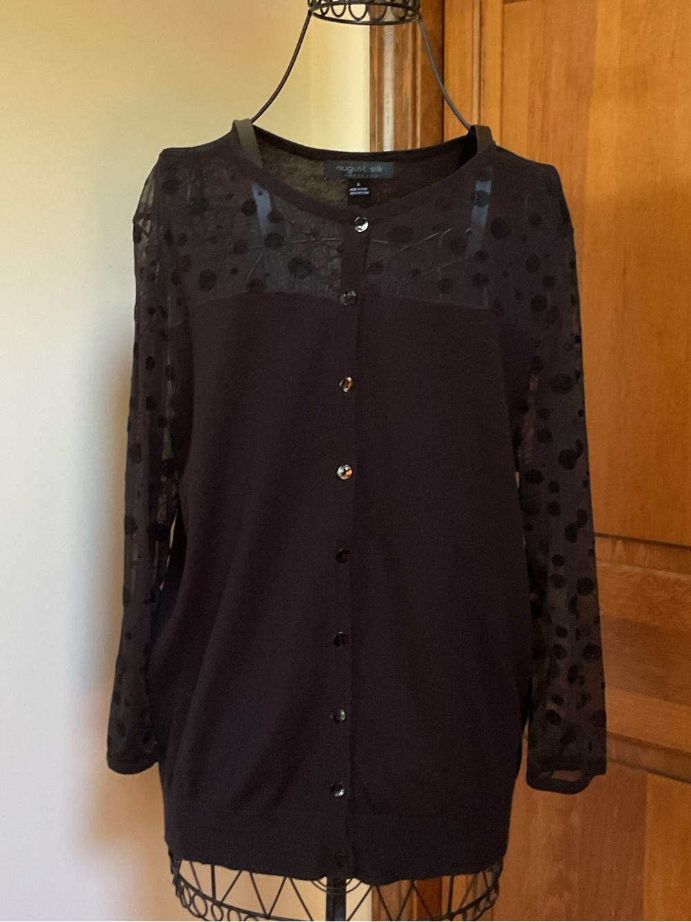 august silk Black Polka Dot Mesh Sleeve Cardigan, Large